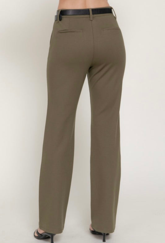 BELTED STRAIGHT PONTE PANTS