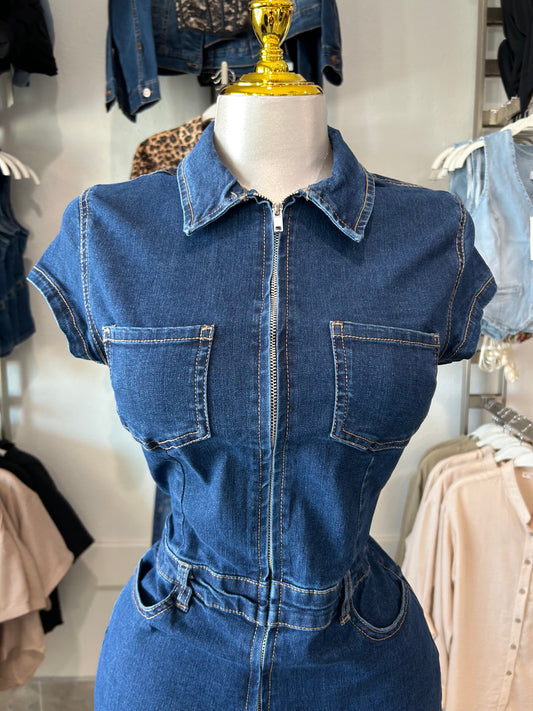 Zip Front Utility Denim Romper