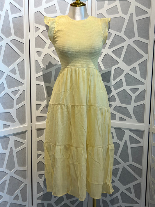 SMOCKED TIERED MIDI DRESS