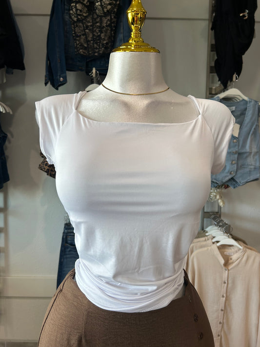 Cap Slv Stright Neck Shirring Knit Top