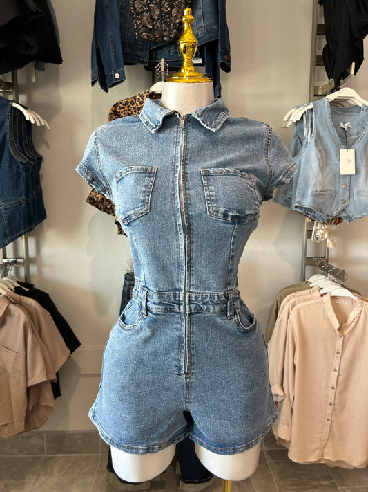Zip Front Utility Denim Romper