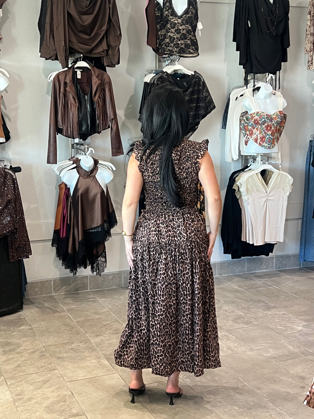 Leopard Sleeveless Smocked Tiered Midi Dress