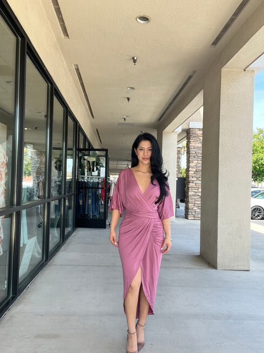 V NECK VENETIAN RUCHED BODYCON DRESSES