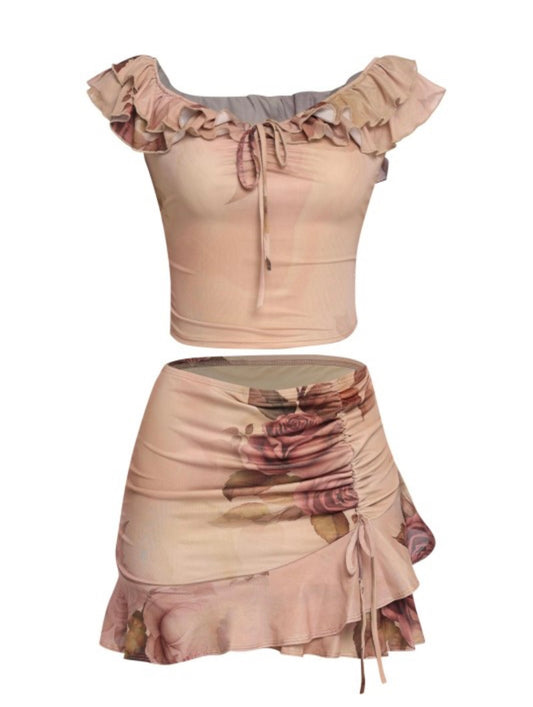 Mesh Ruffled Off Shoulder Top And Mini Skirt Set