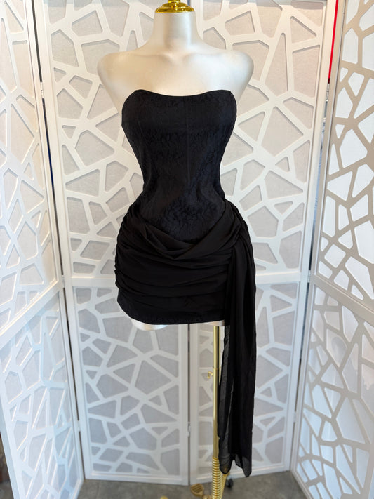 Strapless lace mini dress with waist wrap