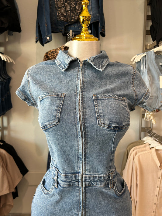 Zip Front Utility Denim Romper