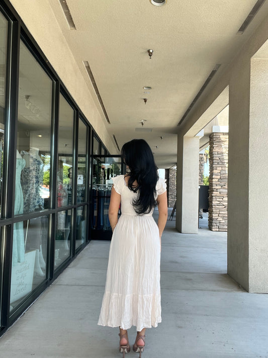 Smocked Off Shoulder Flared Midi Dress