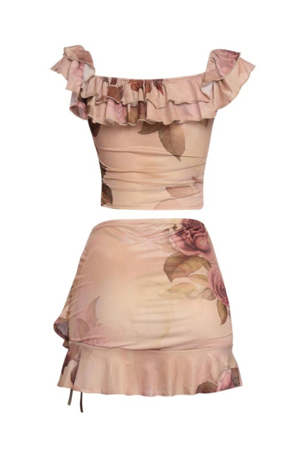 Mesh Ruffled Off Shoulder Top And Mini Skirt Set