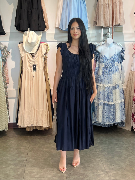 Shirred Bodice Ruffle Sleeve Midi Dress NAVY