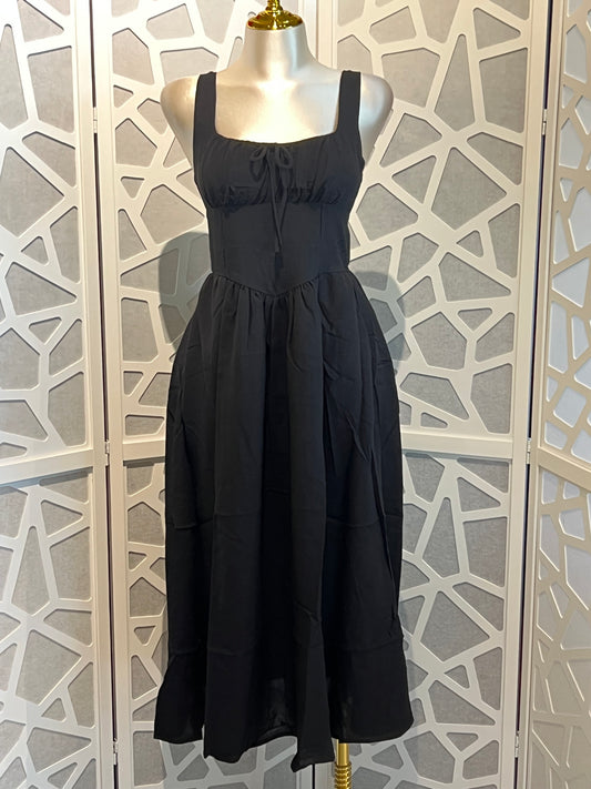 SQUARE NECK FRONT TIE CORSET DETAIL MIDI DRESS