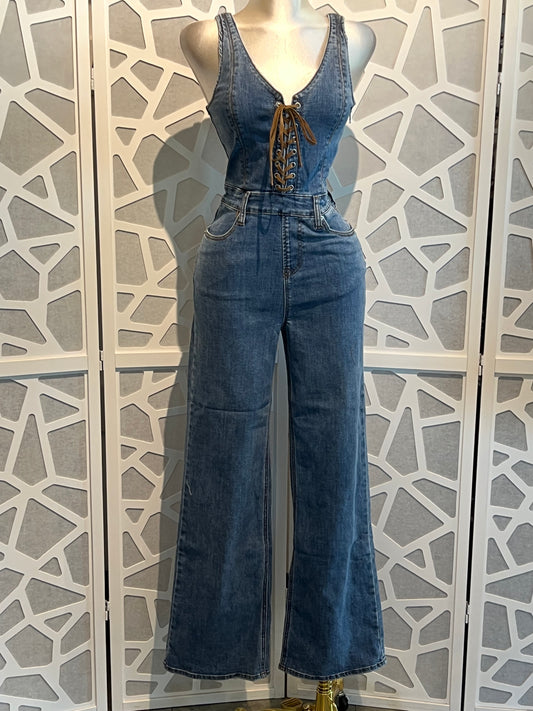 LACE UP DETAIL DENIM JUMPSUIT