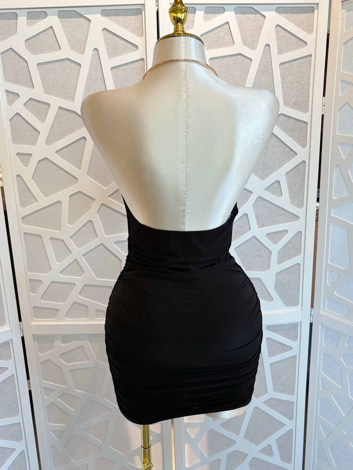 SLEEVELESS GOLD CUFF HALTER MINI DRESS
