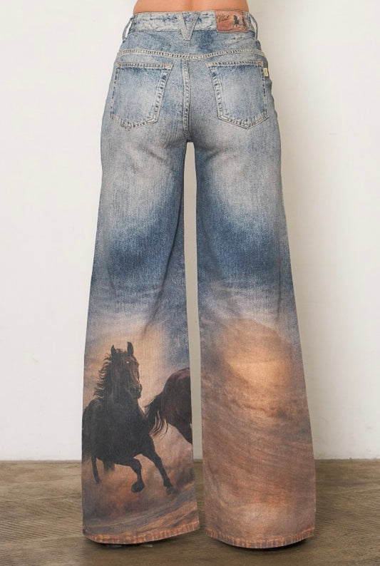 White Horse Digital Print Wide Leg Jeans
