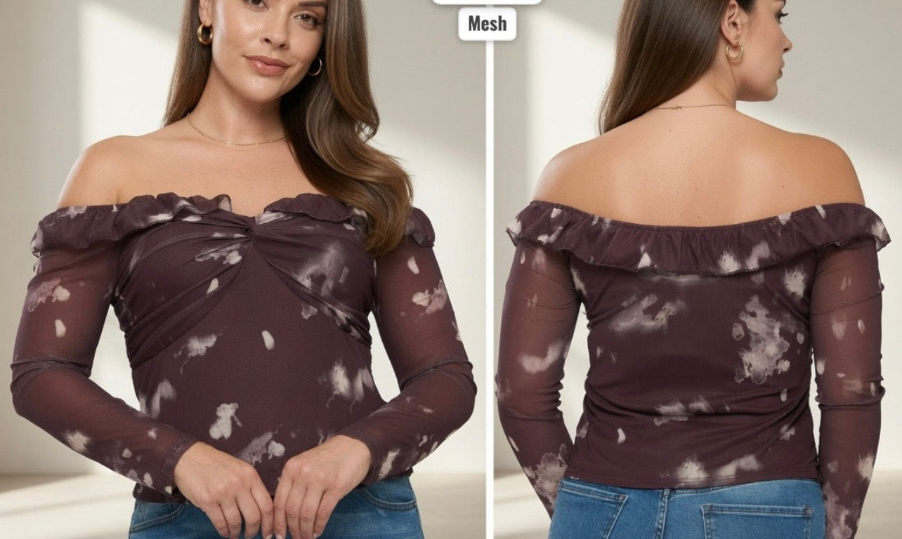 Junior Plus Frill Trim Off Shoulder Mesh Twist Top