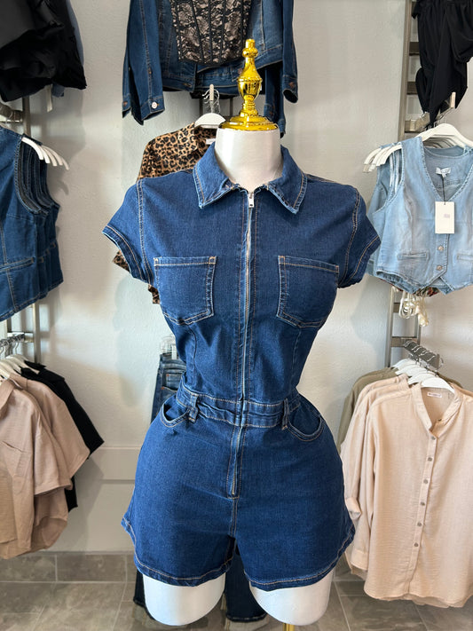 Zip Front Utility Denim Romper