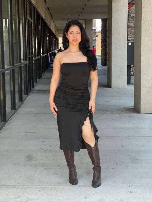 Strapless high ruffle slit dress
