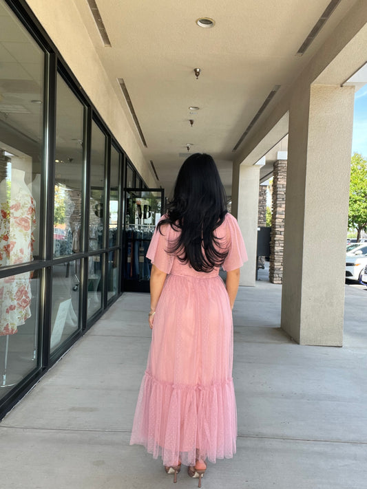 Smocked Top Mesh Ruffled Midi Dress