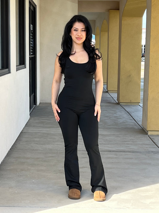 Open back scrunched back flare jumpsuit