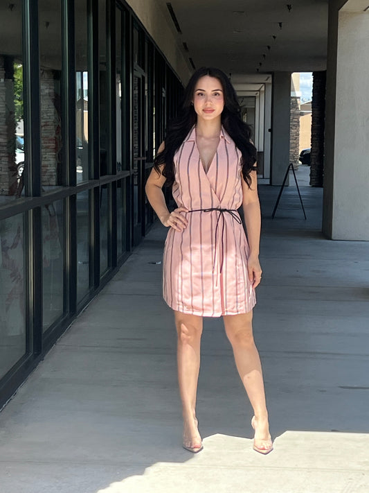 SLEEVELESS V NECKLINE WITH COLLAR & PU BELT DETAIL STRIPE PRINT LINEN DRESS