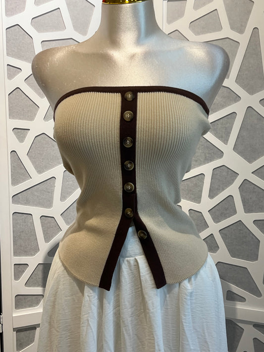 Contrast Button Down Strapless Sweater Knit Top