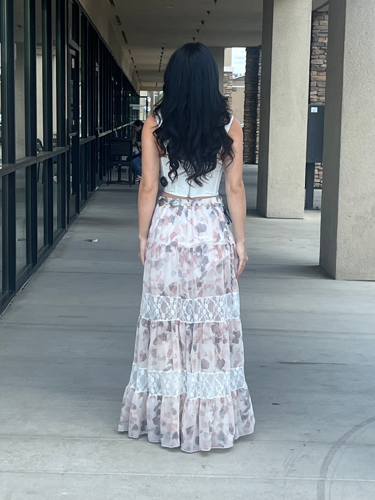 Lace Inset Tiered Maxi Skirt With Side Slit