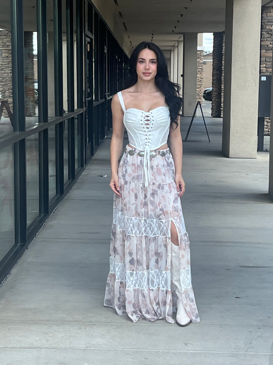 Lace Inset Tiered Maxi Skirt With Side Slit