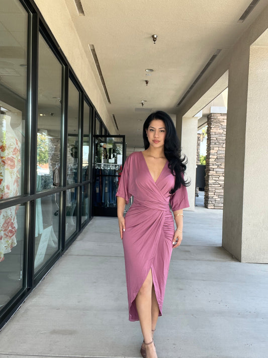 V NECK VENETIAN RUCHED BODYCON DRESSES