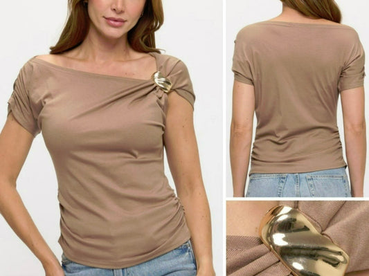 Short Sleeve Asymmetrical Neckline Gold Trim Top
