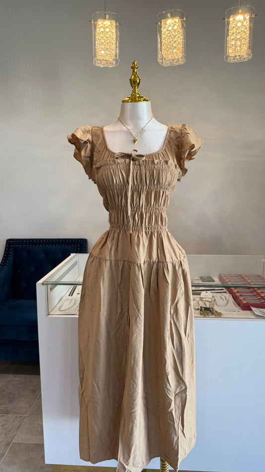 Shirred Bodice Ruffle Sleeve Midi Dress