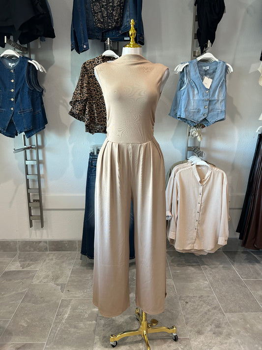 Sleeveless High Neck Pleated Rib Jumpsuit