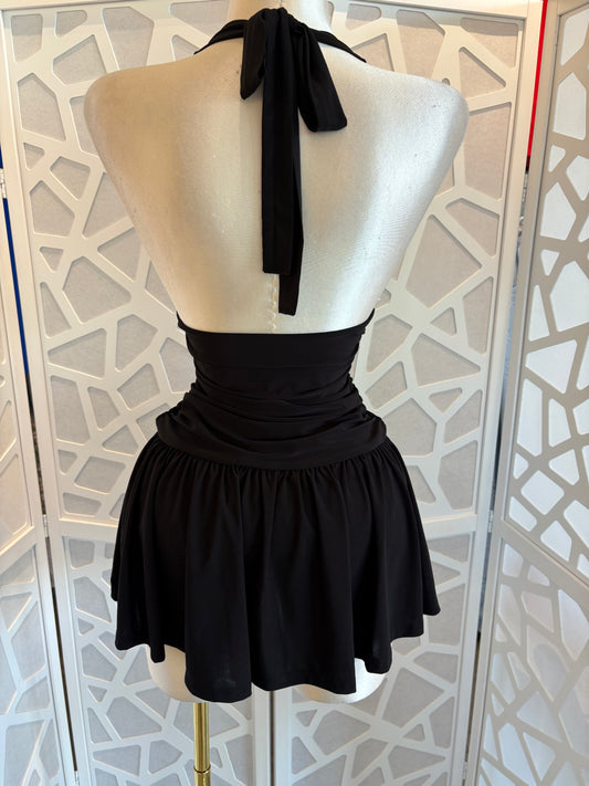 Sleeveless open back halter ruffled romper