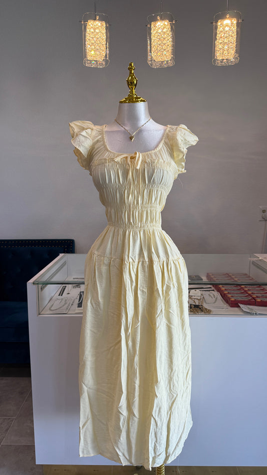 Shirred Bodice Ruffle Sleeve Midi Dress