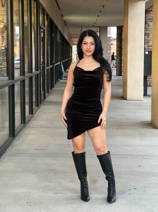 Velvet Cross Back Tie Side Asymmetrical Hem Dress