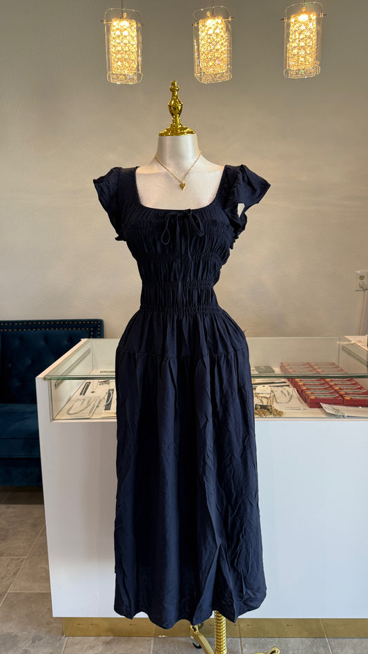 Shirred Bodice Ruffle Sleeve Midi Dress NAVY