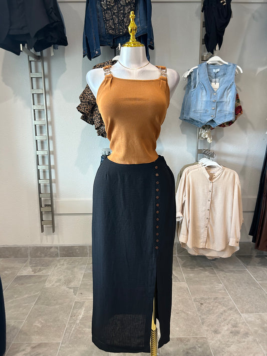 Front Slit Linen Effect Midi Skirt