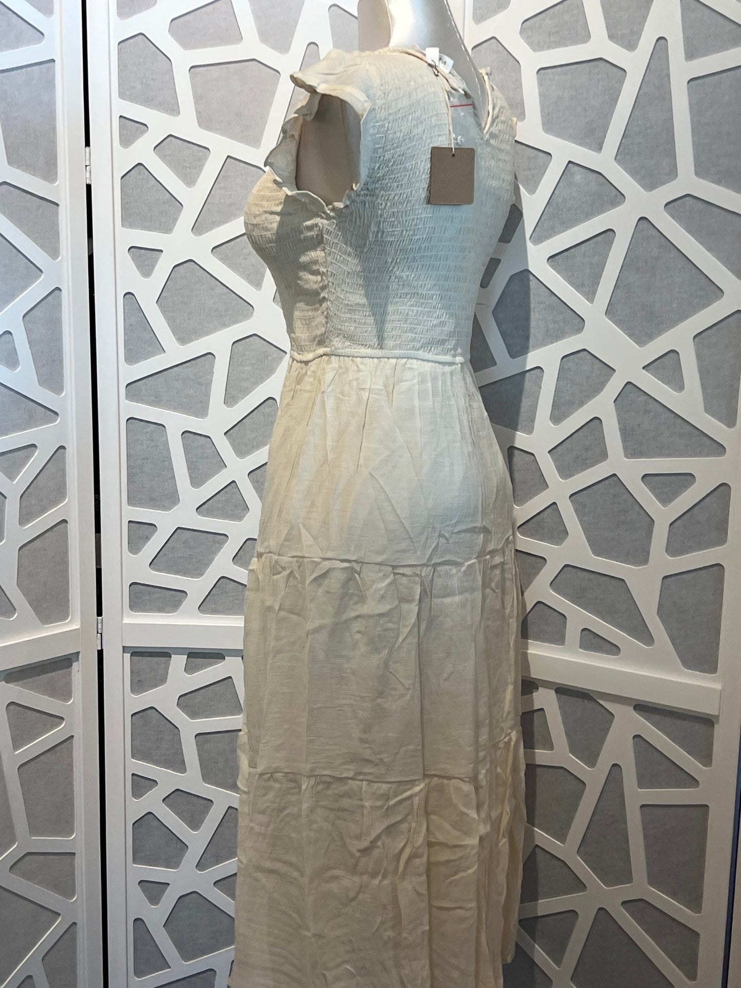 SMOCKED TIERED MIDI DRESS