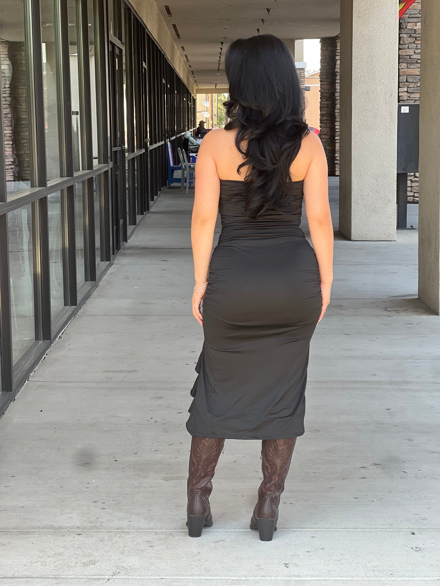 Strapless high ruffle slit dress