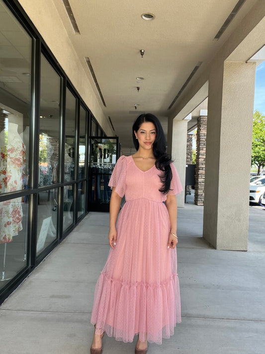 Smocked Top Mesh Ruffled Midi Dress