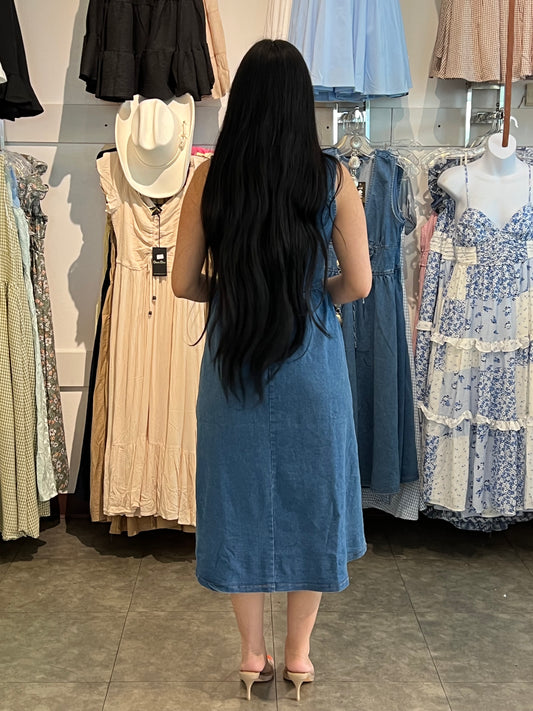 STRETCH DENIM TIE-FRONT MIDI DRESS