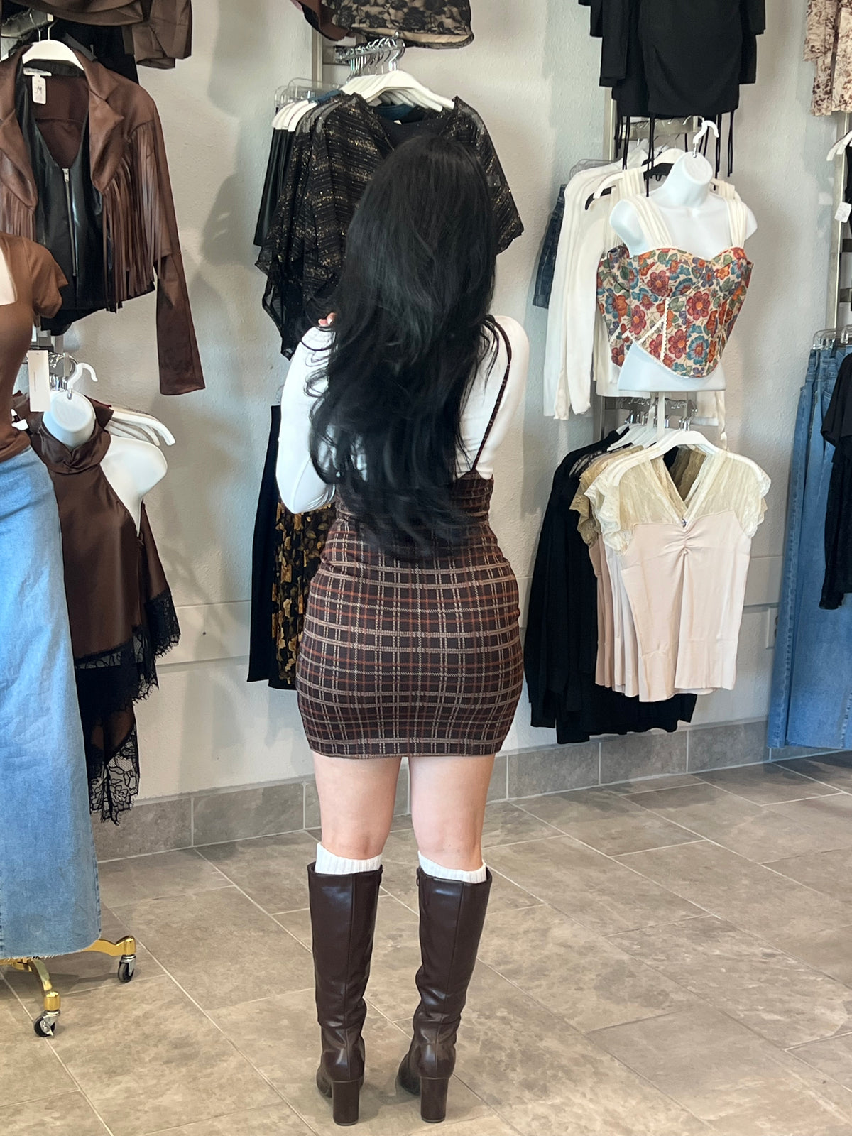 JAYLEEN PLAID MINI SUSPENDER SKIRT