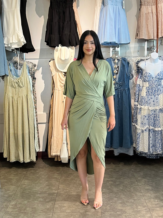 V NECK VENETIAN RUCHED BODYCON DRESSES