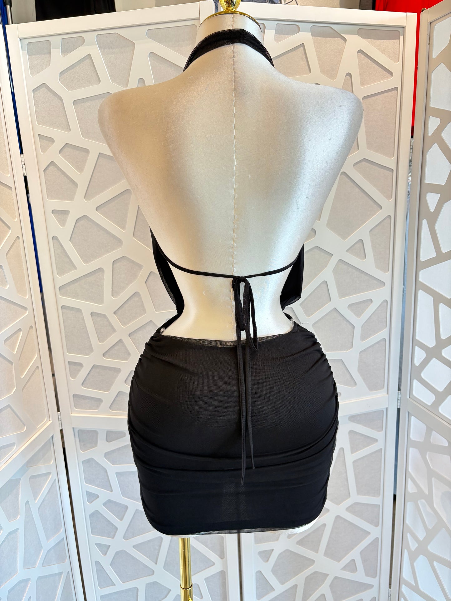 HALTER COWL NECK MESH MINI DRESS