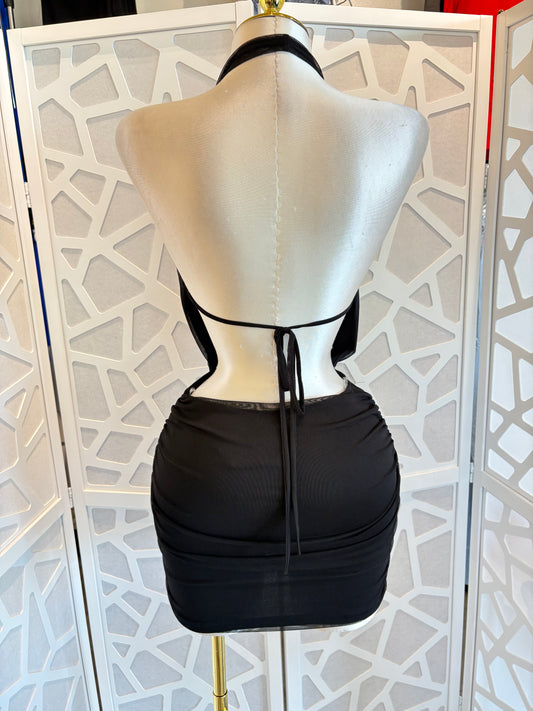 HALTER COWL NECK MESH MINI DRESS