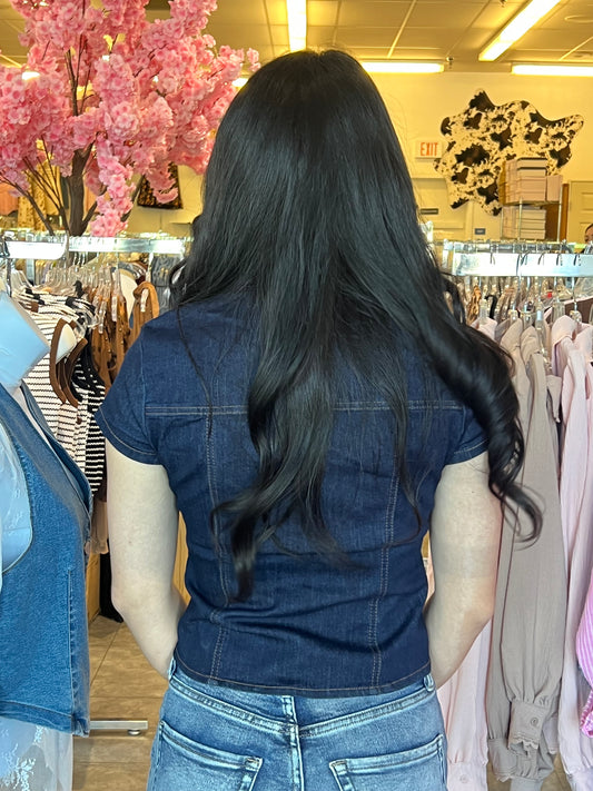 SHORT SLEEVE BUTTON UP DENIM TOP