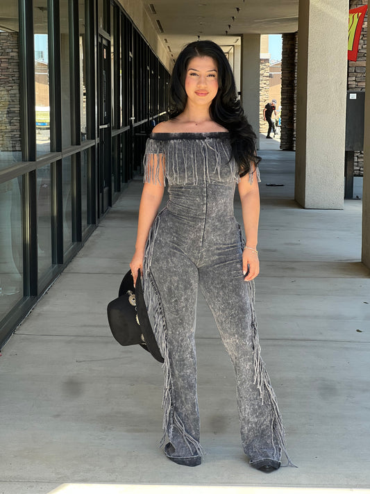 Mineral Wash Fringe Off Shoulder Jumpsuit