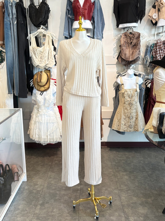 Ribbed Knit Sweater V Neck Loungewear 2 Piece Set