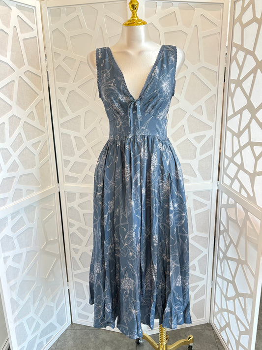 Floral Sleeveless V-neck Lace Trim Tie-front Midi Dress