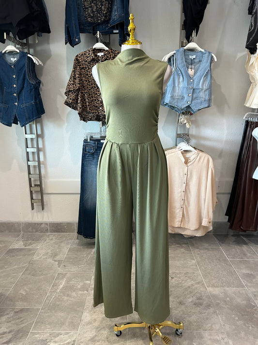 Sleeveless High Neck Pleated Rib Jumpsuit