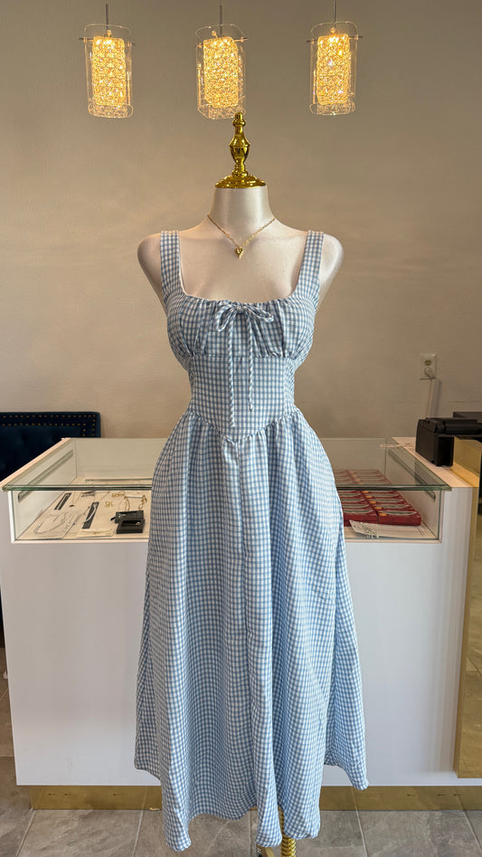 Plaid Sleeveless Corset Detail Midi Dress