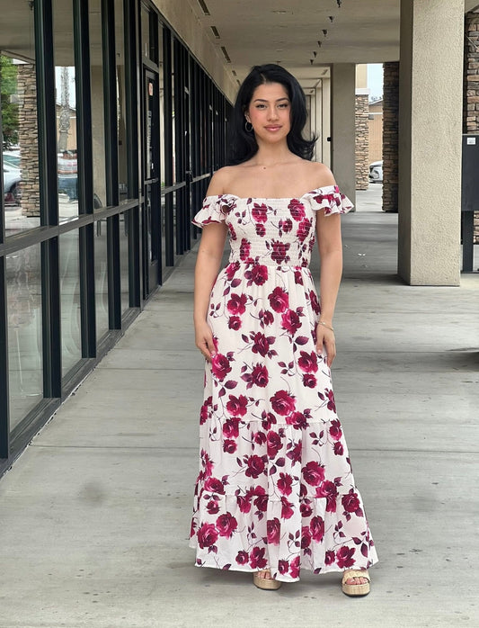 Smocked Flutter Strap Bubble Crepe Maxi Dress